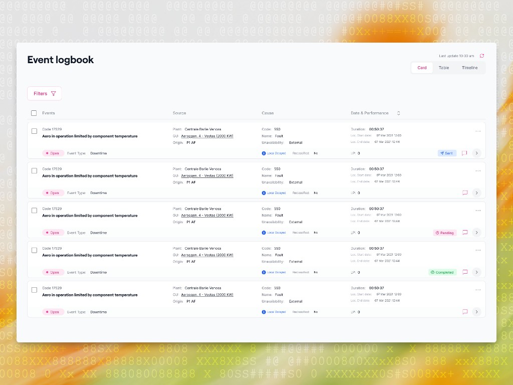 Enel event logbook dashboard with card view
