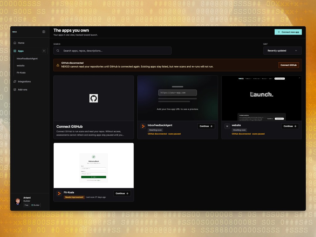 NEKOD apps dashboard with connected repositories and launch tracking