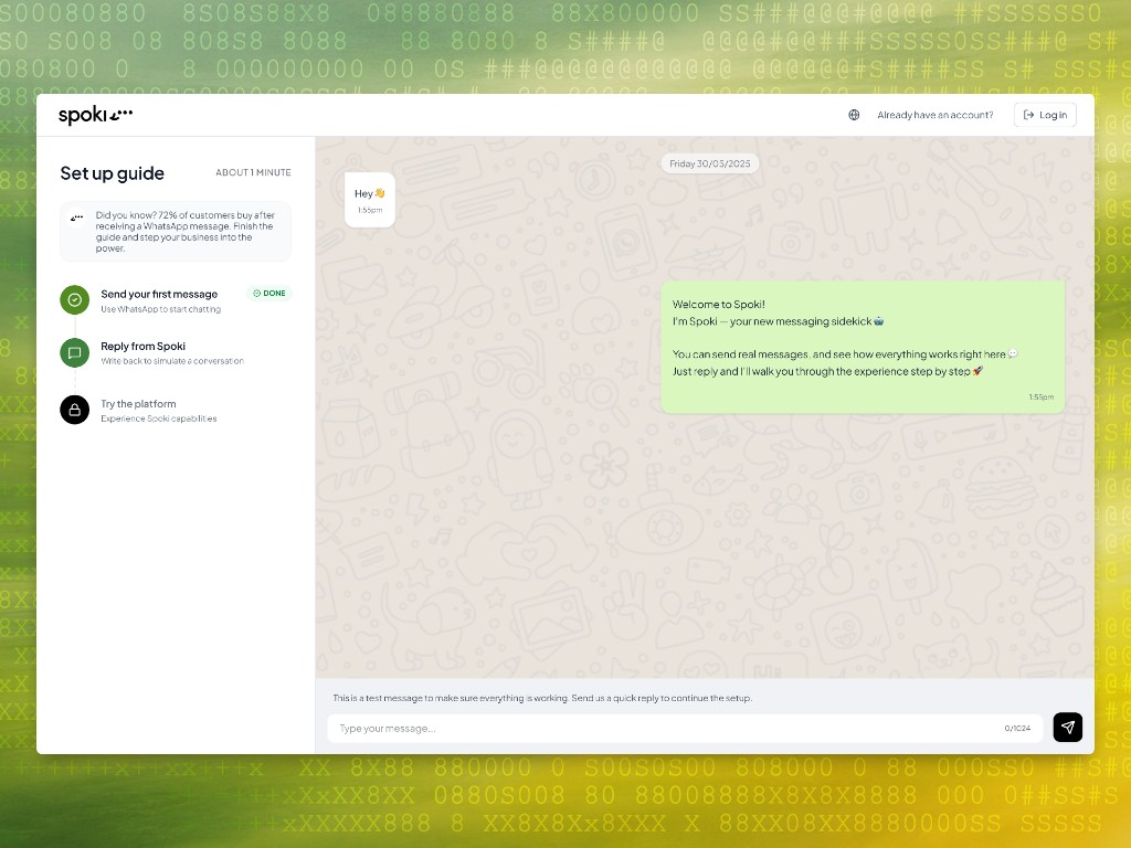 Spoki onboarding setup guide with WhatsApp chat interface